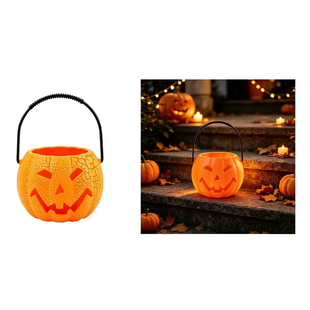 Balde plástico para dulces Halloween calabaza con sonido naranja 12*16cm