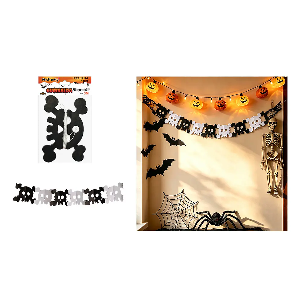 Guirnalda Halloween cabeza de fantasma con huesos 3m