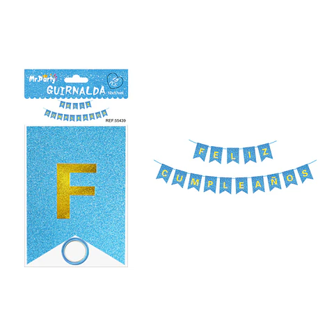 Guirnalda feliz cumpleaños azul claro con glitter 12*17cm