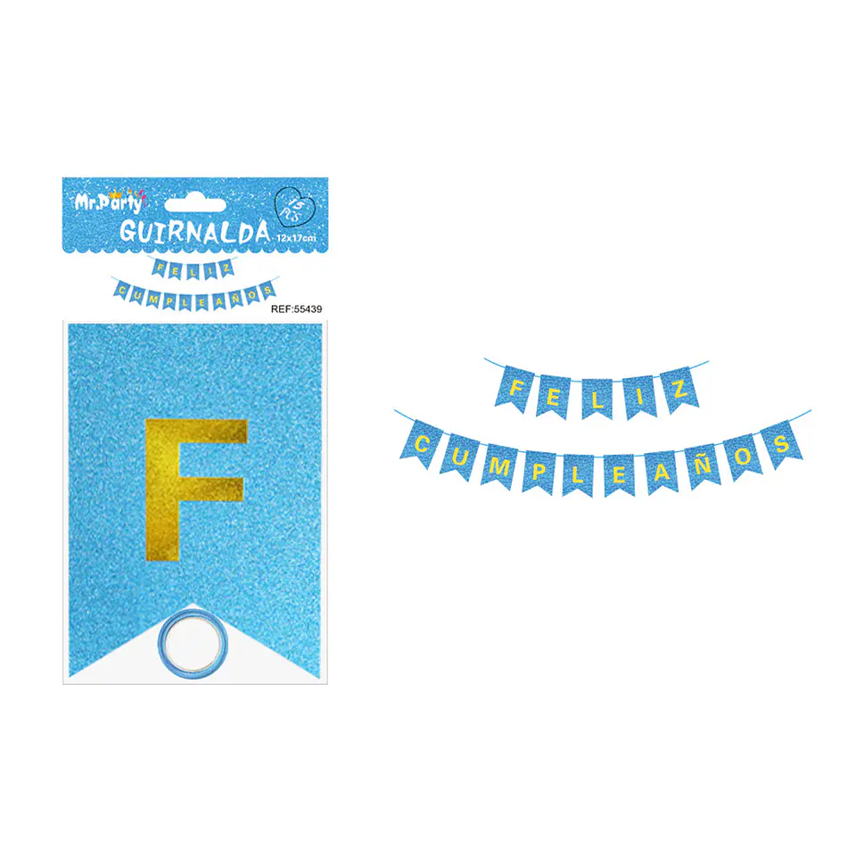 Guirnalda feliz cumpleaños azul claro con glitter 12*17cm 1