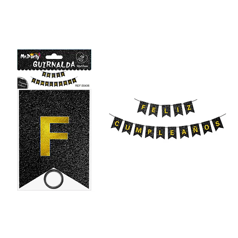 Guirnalda feliz cumpleaños negro con glitter 12*17cm