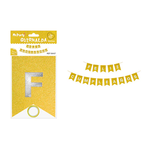 Guirnalda feliz cumpleaños dorado con glitter 12*17cm