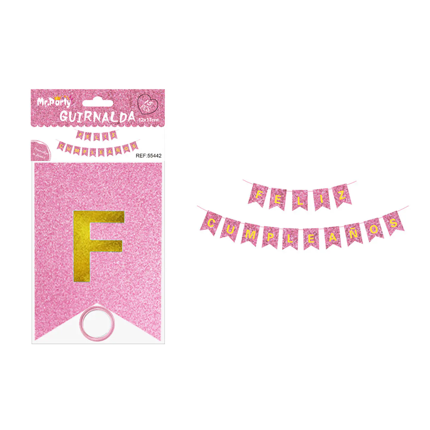 Guirnalda feliz cumpleaños rosa con glitter 12*17cm 1