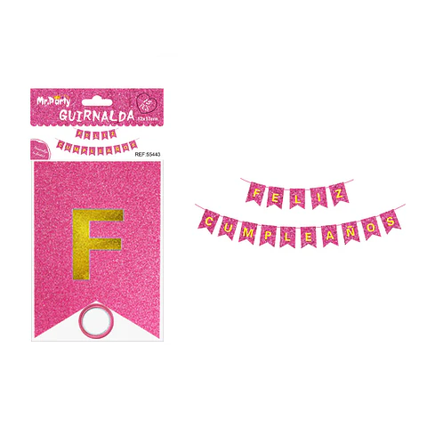 Guirnalda feliz cumpleaños fucsia con glitter 12*17cm