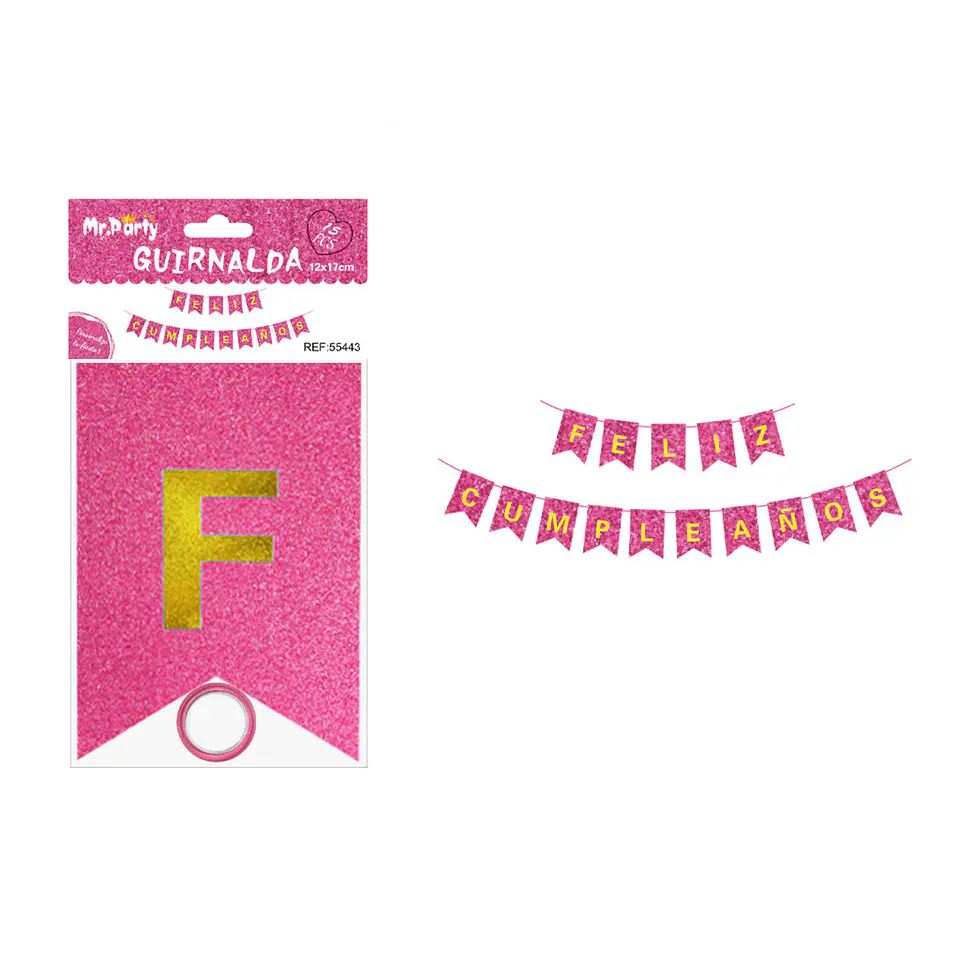 Guirnalda feliz cumpleaños fucsia con glitter 12*17cm 1