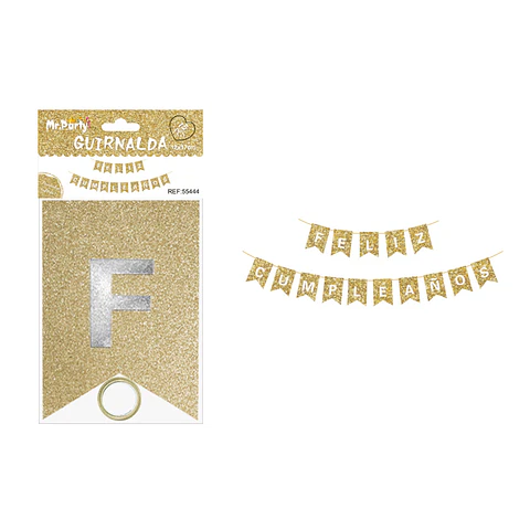 Guirnalda feliz cumpleaños dorado claro con glitter 12*17cm