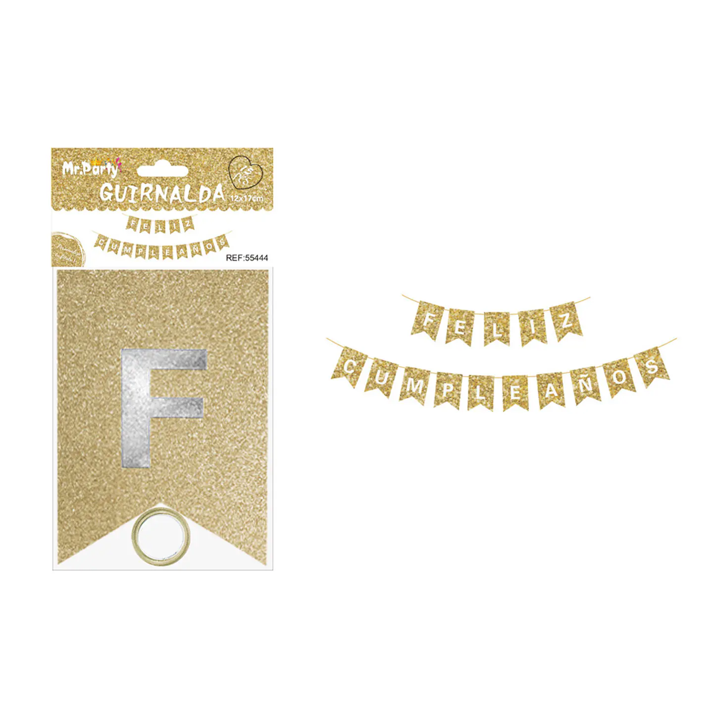 Guirnalda feliz cumpleaños dorado claro con glitter 12*17cm 1