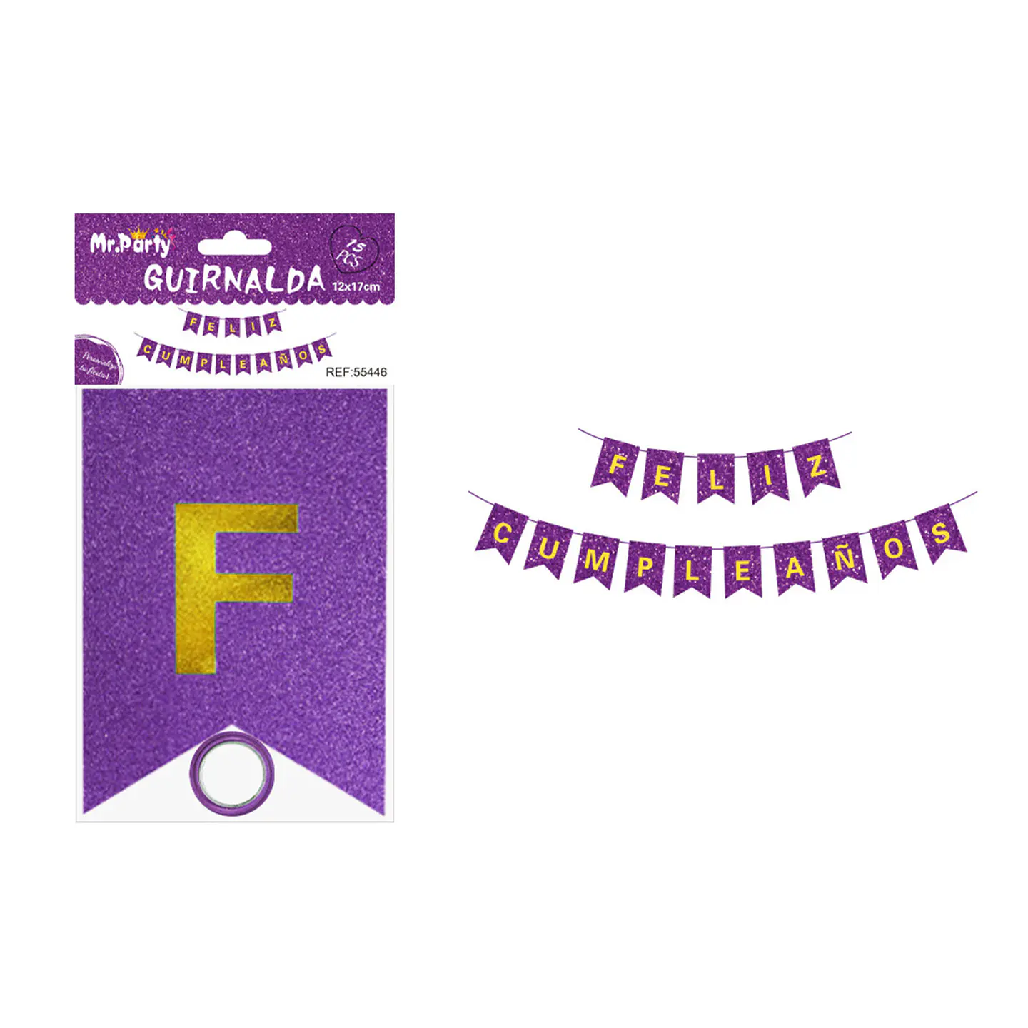Guirnalda feliz cumpleaños morado con glitter 12*17cm 1