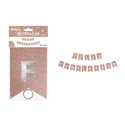 Guirnalda feliz cumpleaños oro rosado con glitter 12*17cm