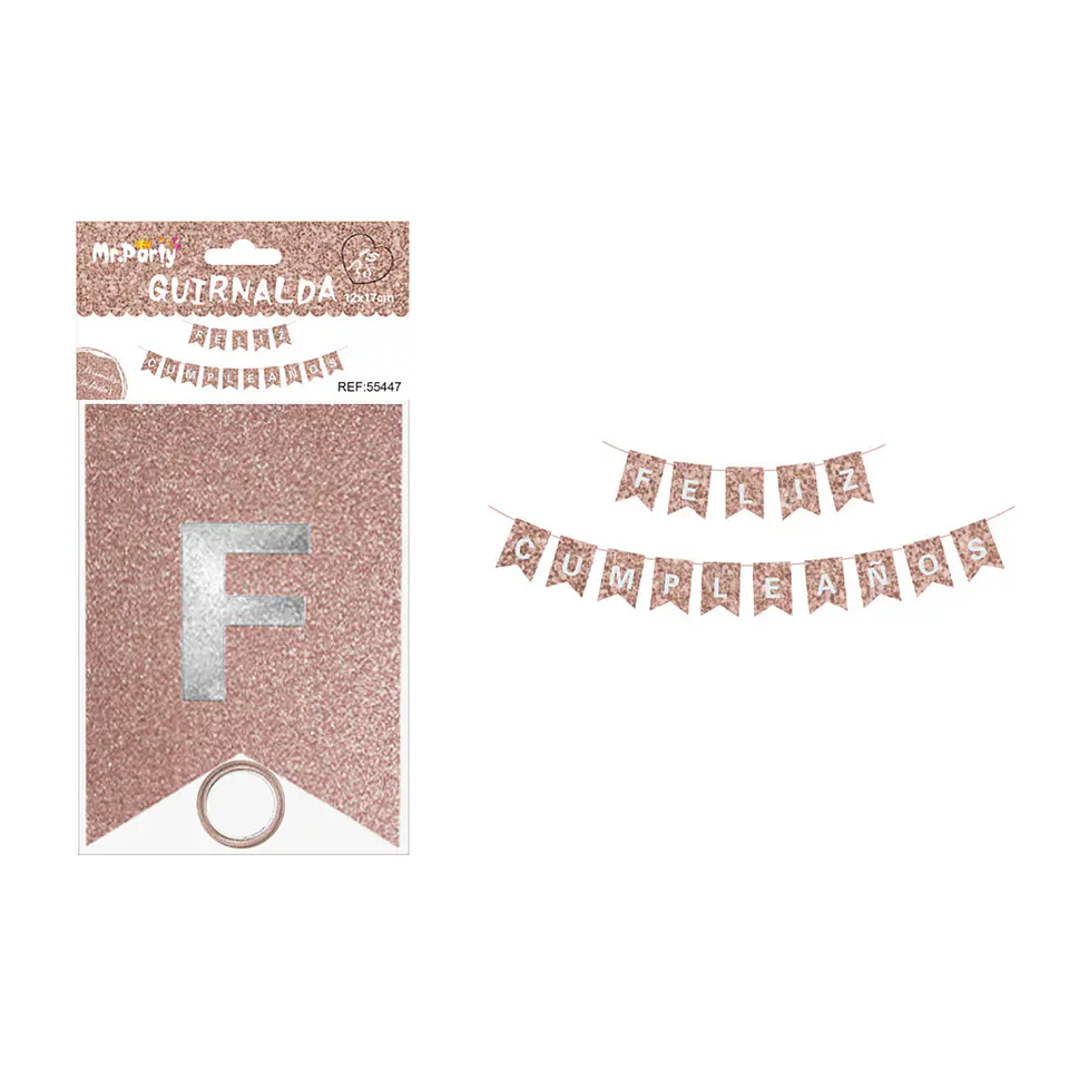 Guirnalda feliz cumpleaños oro rosado con glitter 12*17cm 1