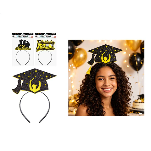 Cintillo de graduación con birrete y estrellas Felicidades Graduado 14.3*12.2cm Diseño Aleatorio