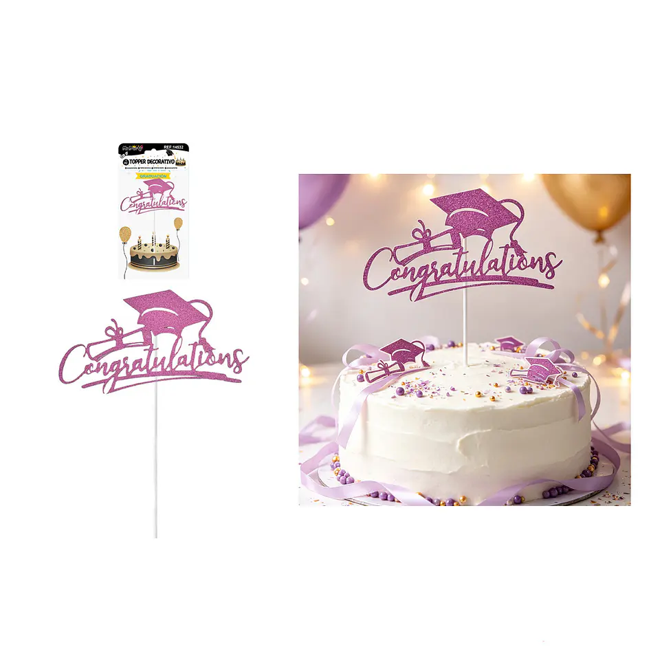 Topper para torta graduación Congratulations con birrete fucsia 19*17.5cm 1