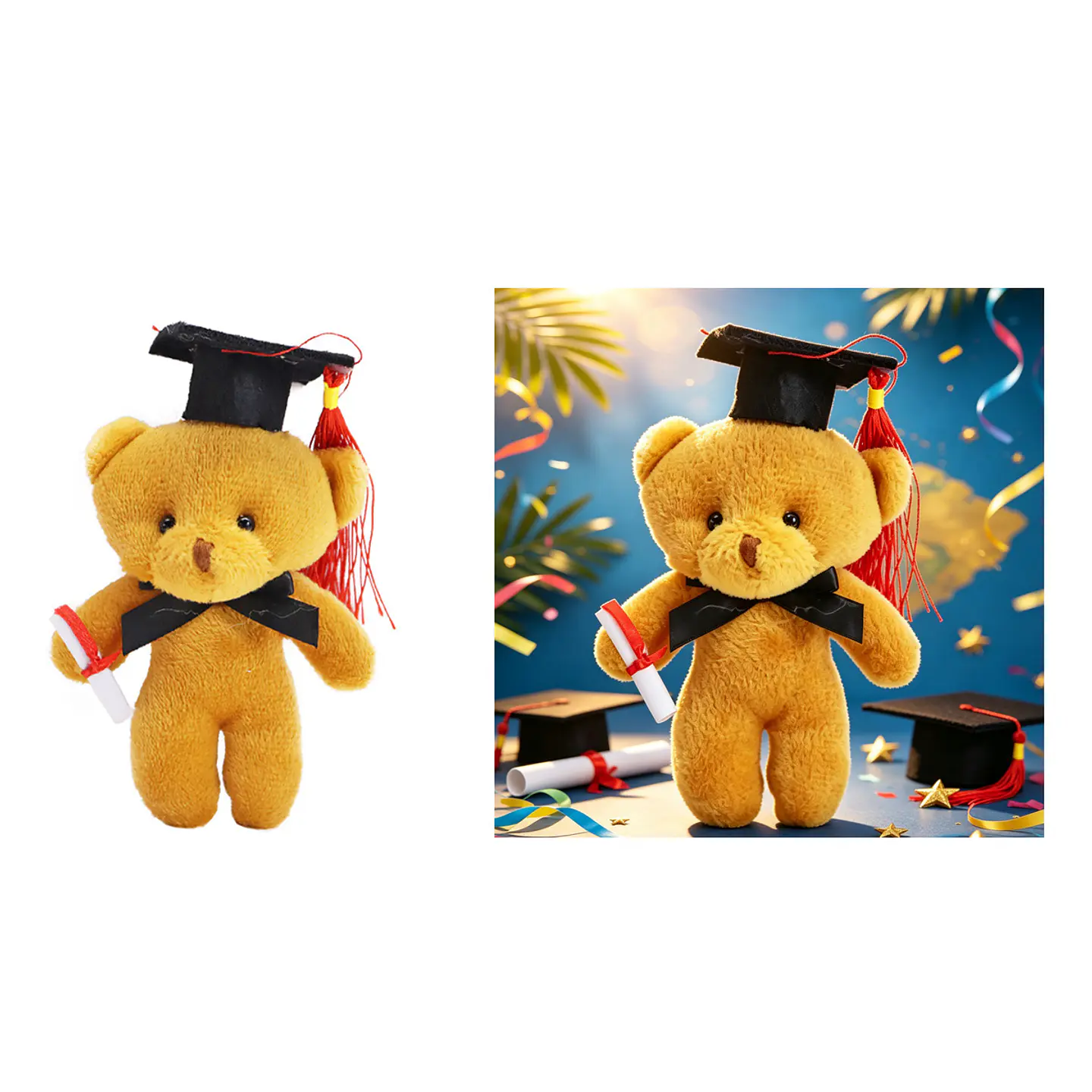 Oso de peluche graduado con birrete y diploma café 13cm 1