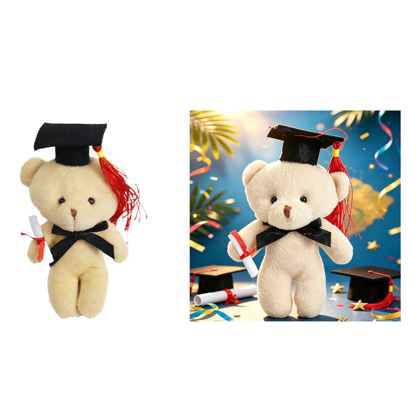 Oso de peluche graduado con birrete y diploma beige 13cm 1