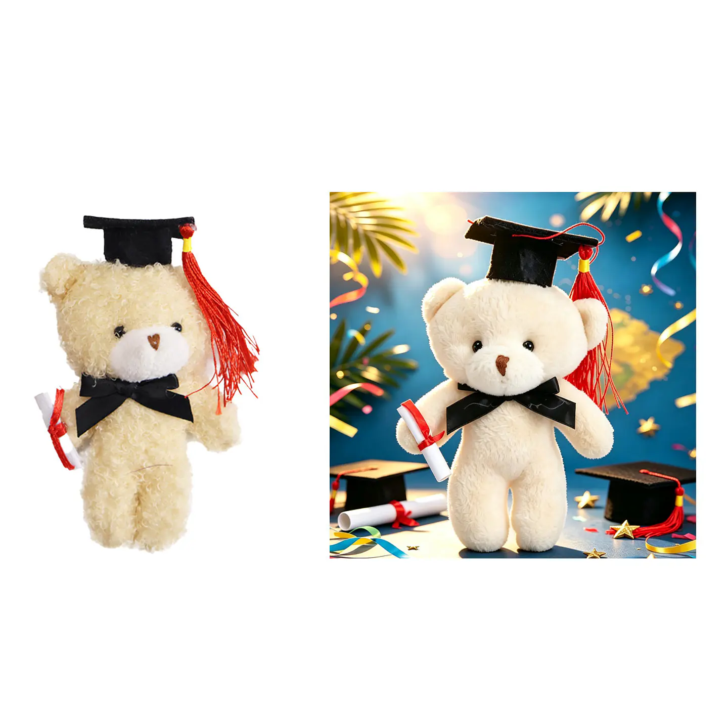 Oso de peluche graduado con birrete y diploma crema 13cm 1