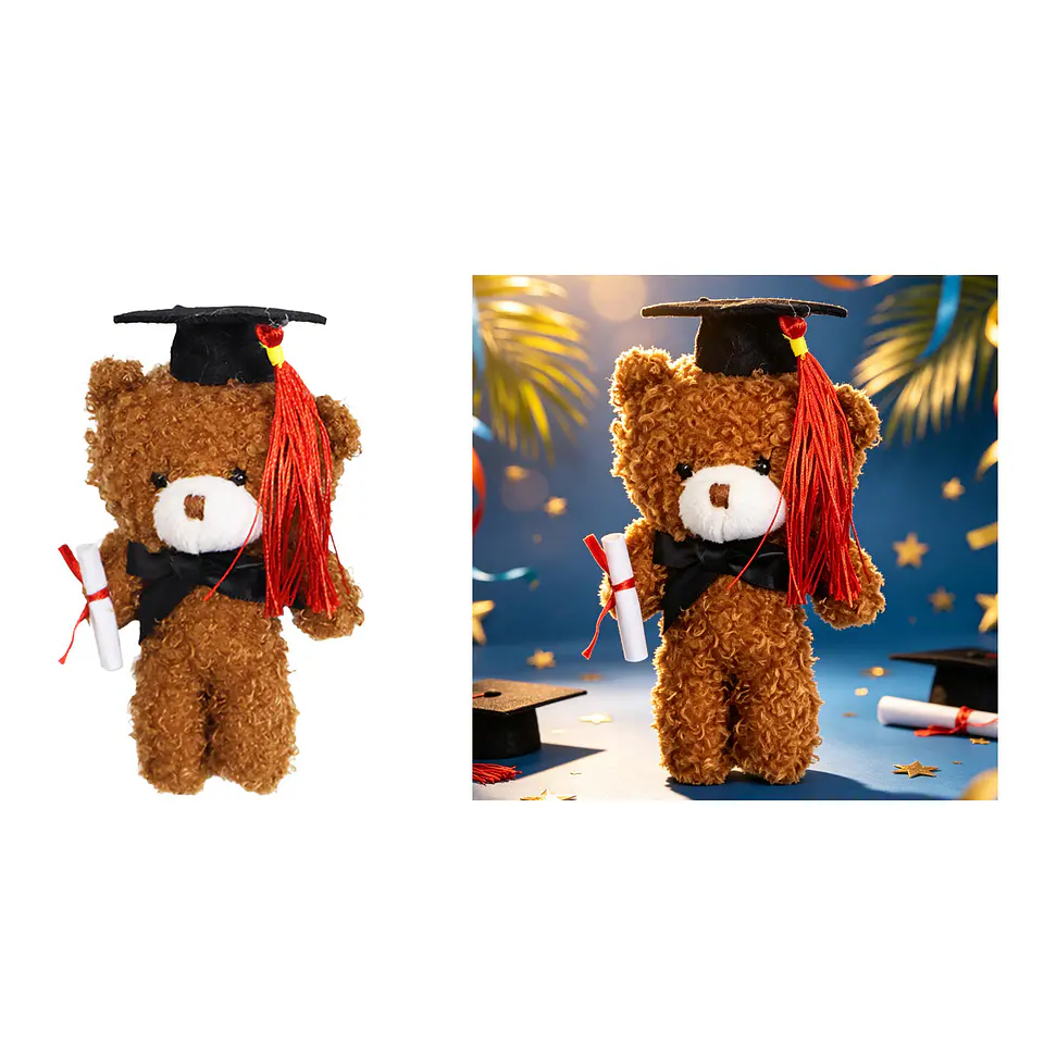 Oso de peluche graduado con birrete y diploma café oscuro 13cm 1