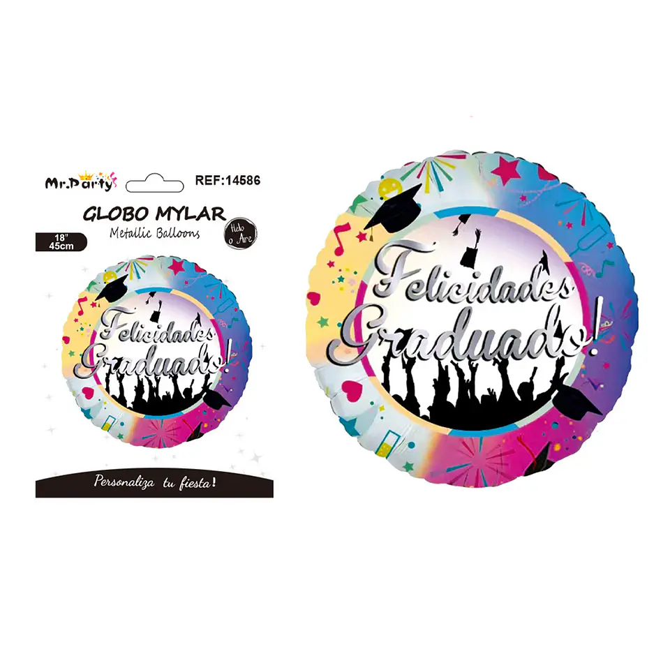 Globo metálico redondo Felicidades Graduados siluetas multicolor 45cm 1