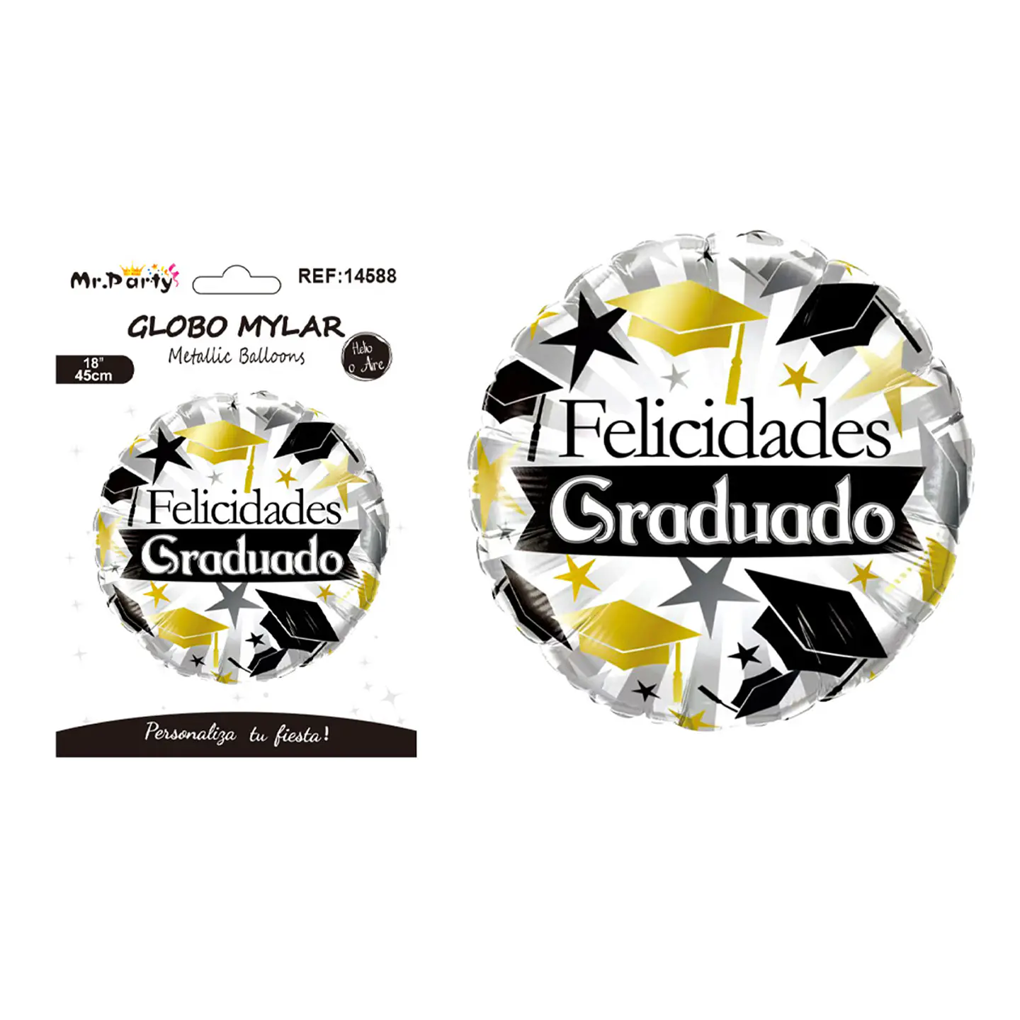 Globo metálico redondo Felicidades Graduado estrellas y birretes 45cm 1