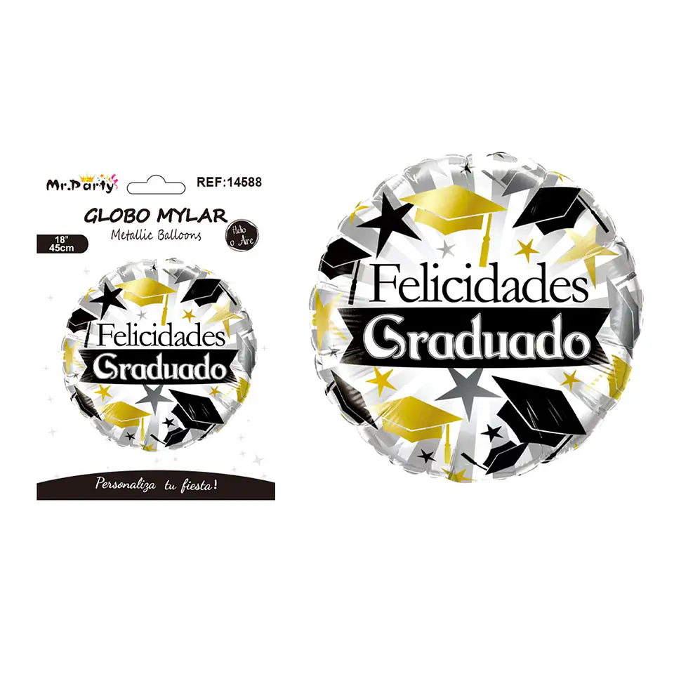 Globo metálico redondo Felicidades Graduado estrellas y birretes 45cm 1