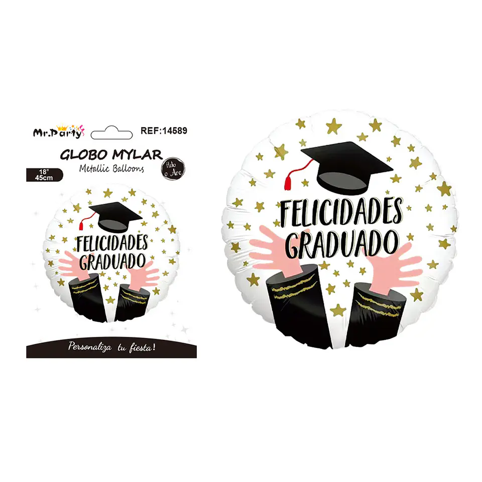 Globo metálico redondo blanco Felicidades Graduado birrete y manos 45cm 1