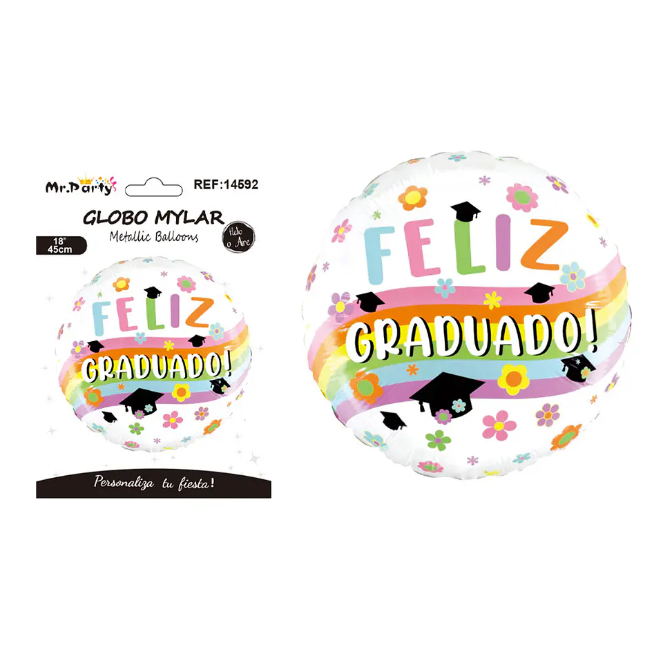 Globo metálico redondo Feliz Graduado flores y arcoíris 45cm 1