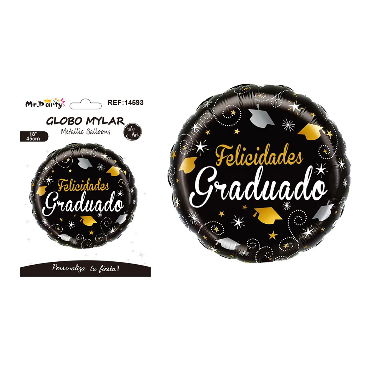 Globo metálico redondo negro Felicidades Graduado birretes y destellos 45cm 1