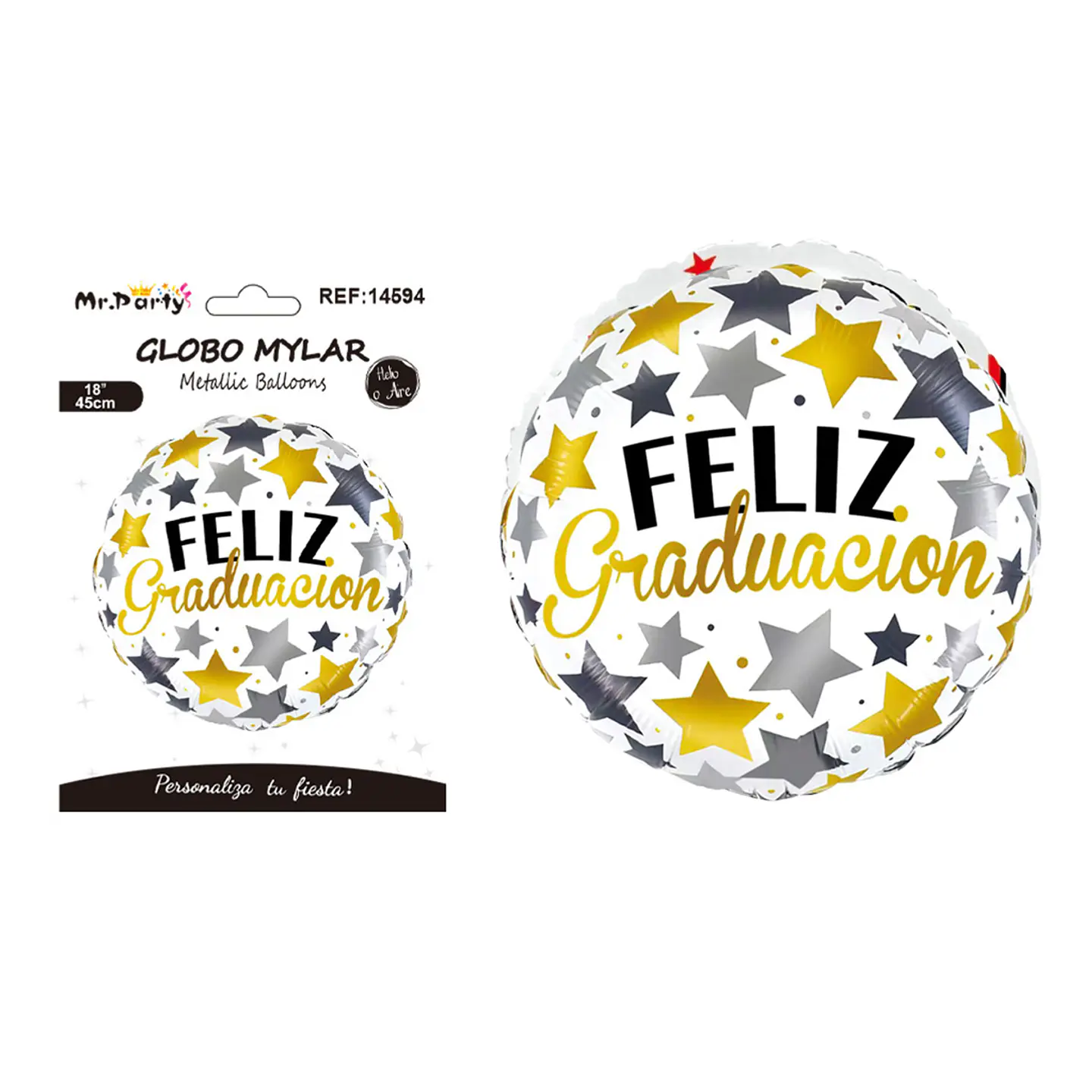 Globo metálico redondo Feliz Graduación estrellas dorado y plateado 45cm 1