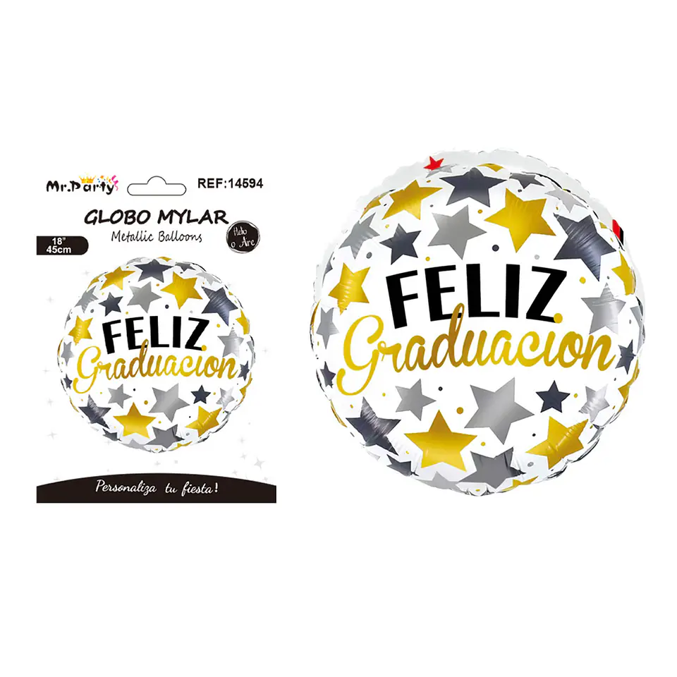 Globo metálico redondo Feliz Graduación estrellas dorado y plateado 45cm 1