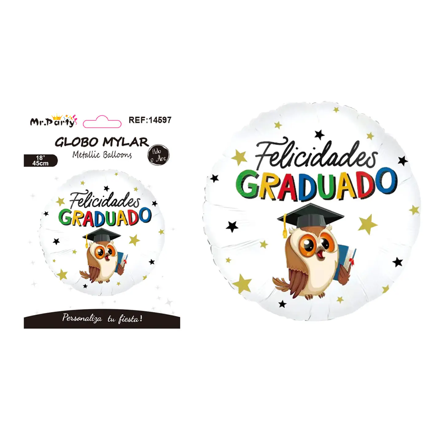 Globo metálico redondo Felicidades Graduado búho con libro 45cm 1