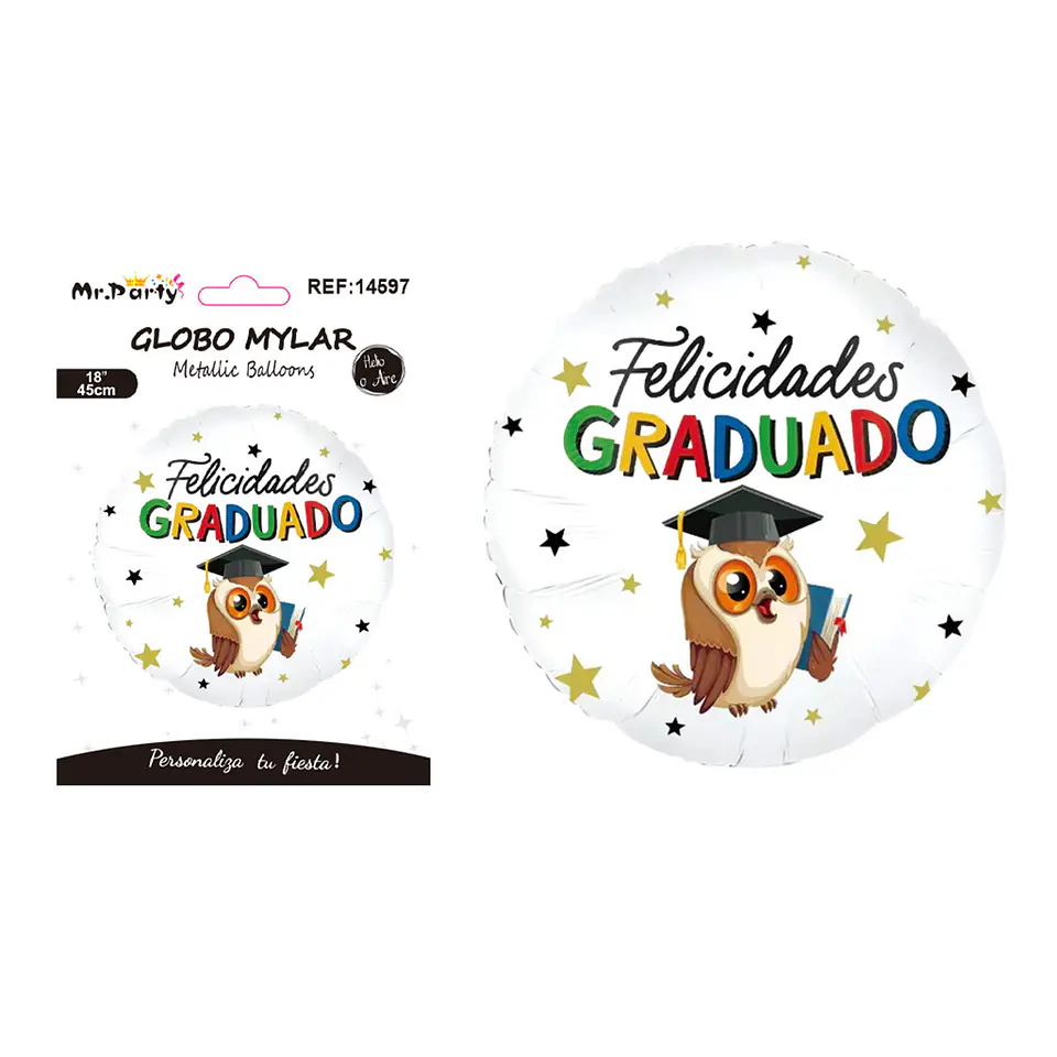 Globo metálico redondo Felicidades Graduado búho con libro 45cm 1