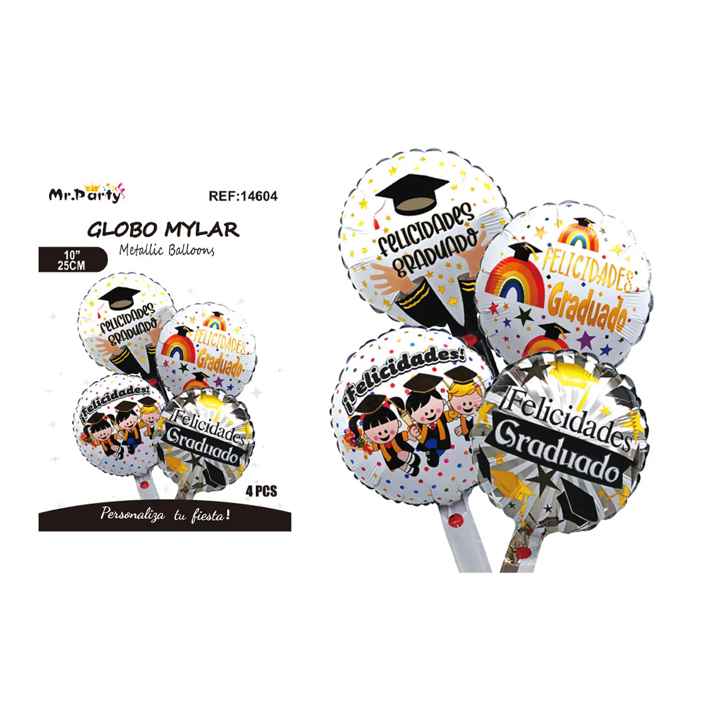 Set de globos metálicos graduación diseños variados 25cm 4pcs 1
