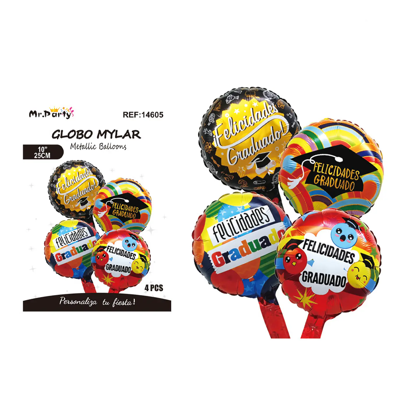 Set de globos metálicos graduación diseños fiesta y caricaturas 25cm 4pcs 1