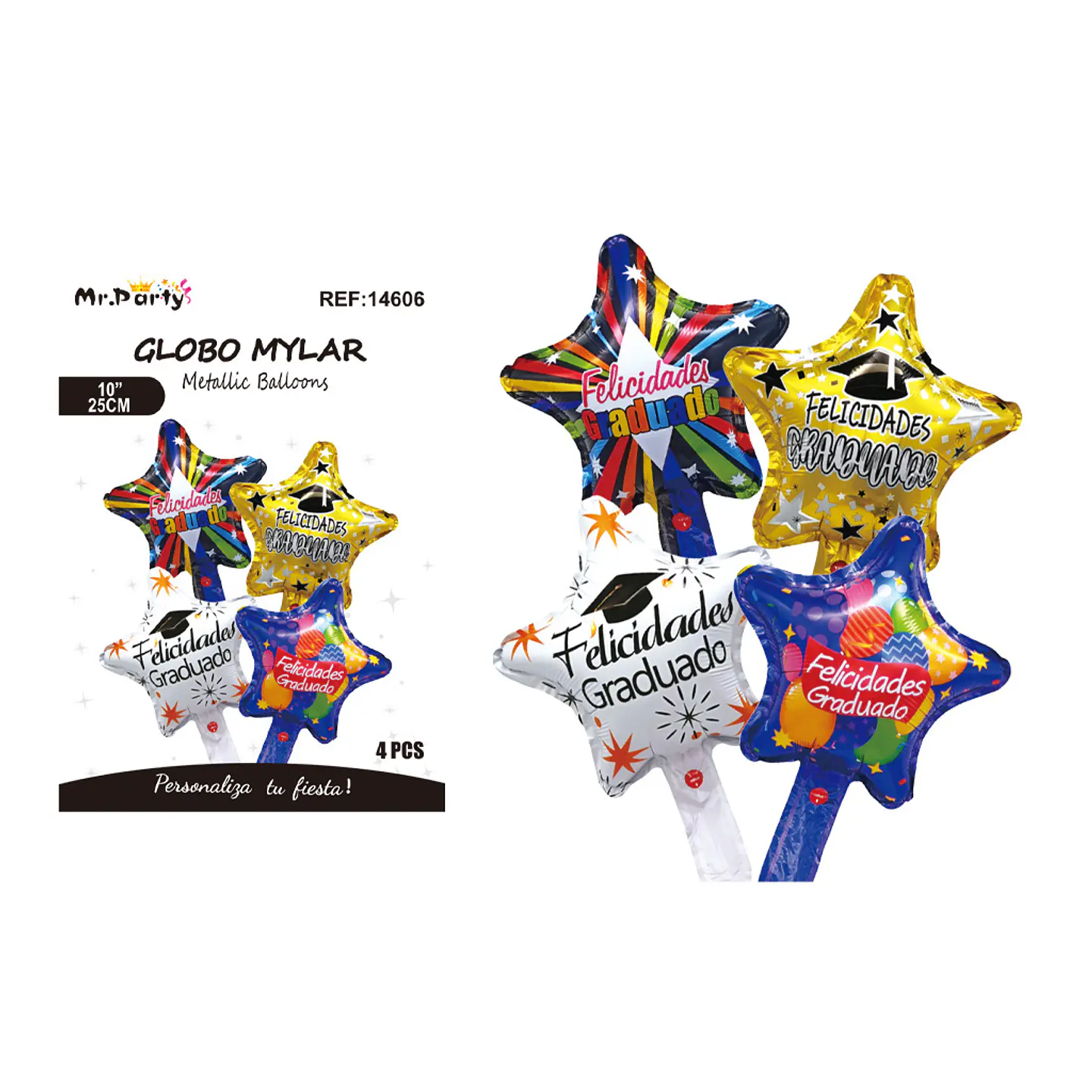 Set de globos metálicos estrella graduación diseños variados 25cm 4pcs 1