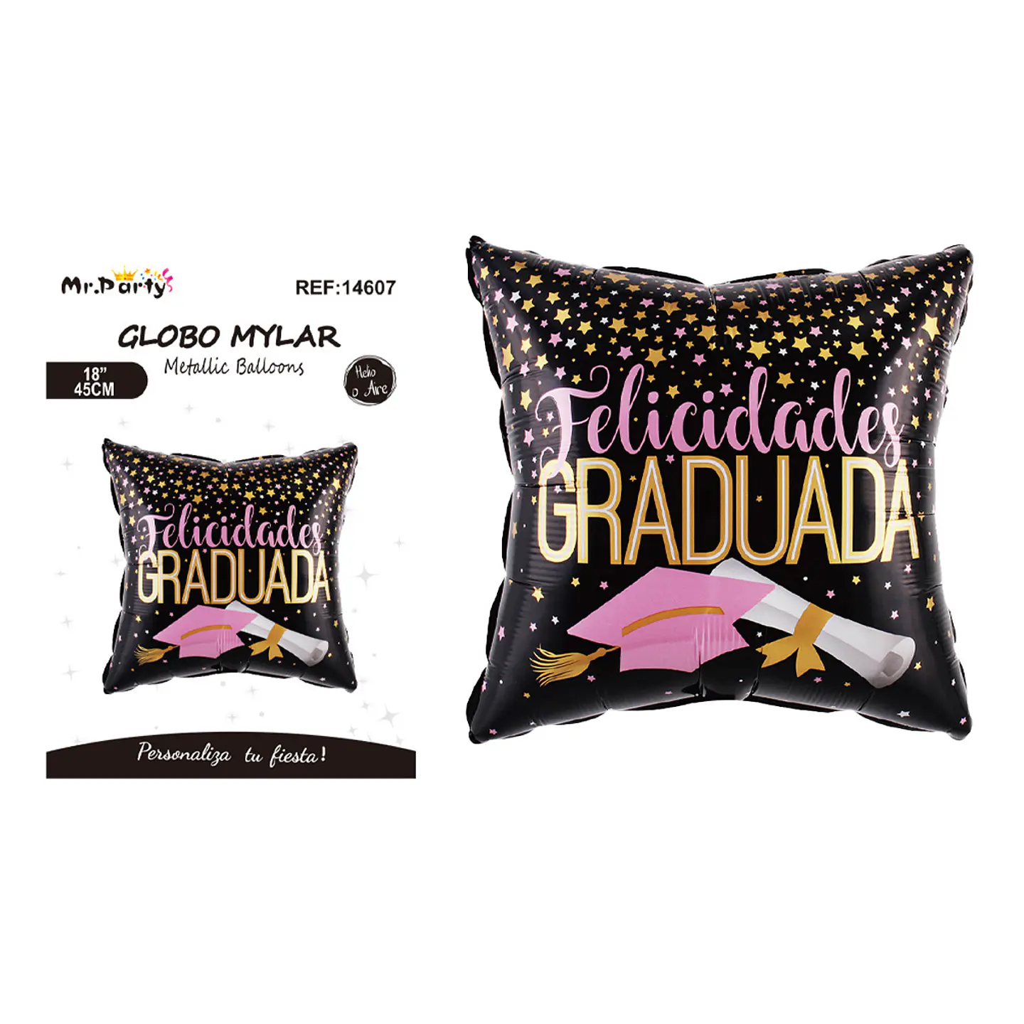 Globo metálico cuadrado negro y rosado Felicidades Graduada 45cm 1
