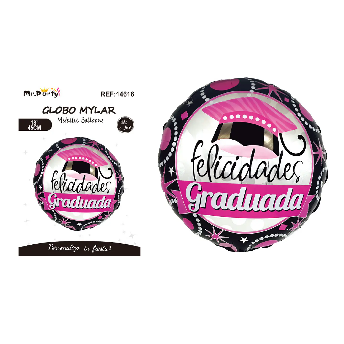Globo metálico redondo negro y fucsia Felicidades Graduada 45cm 1