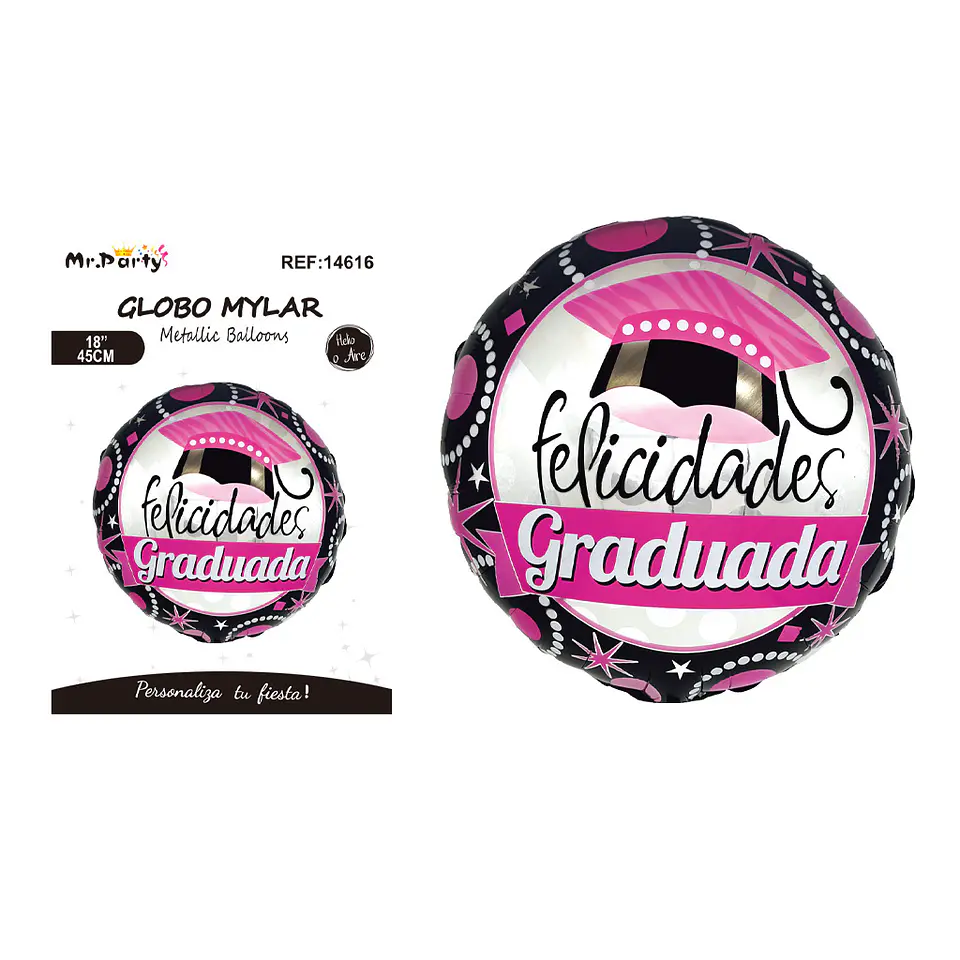 Globo metálico redondo negro y fucsia Felicidades Graduada 45cm 1
