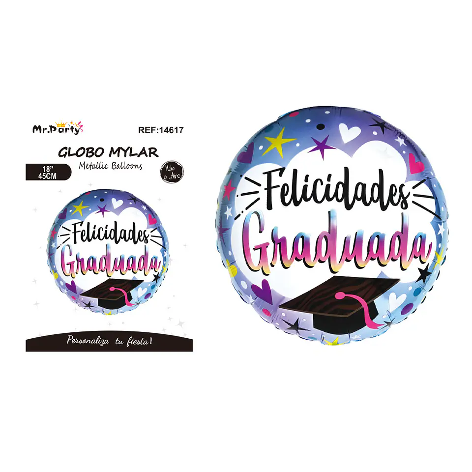 Globo metálico redondo Felicidades Graduada 45cm 1