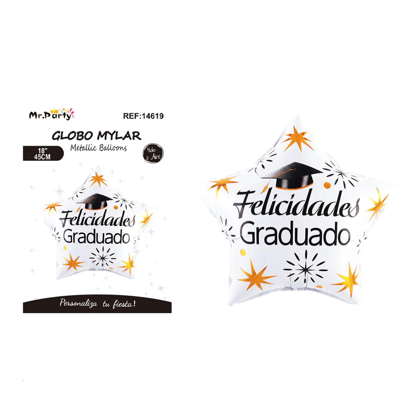 Globo metálico estrella blanco Felicidades Graduado con birrete 45cm 1