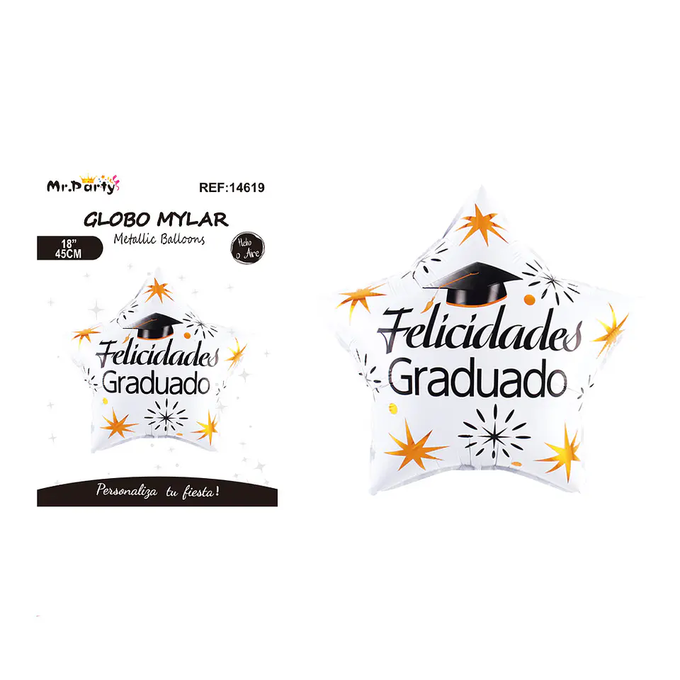 Globo metálico estrella blanco Felicidades Graduado con birrete 45cm 1