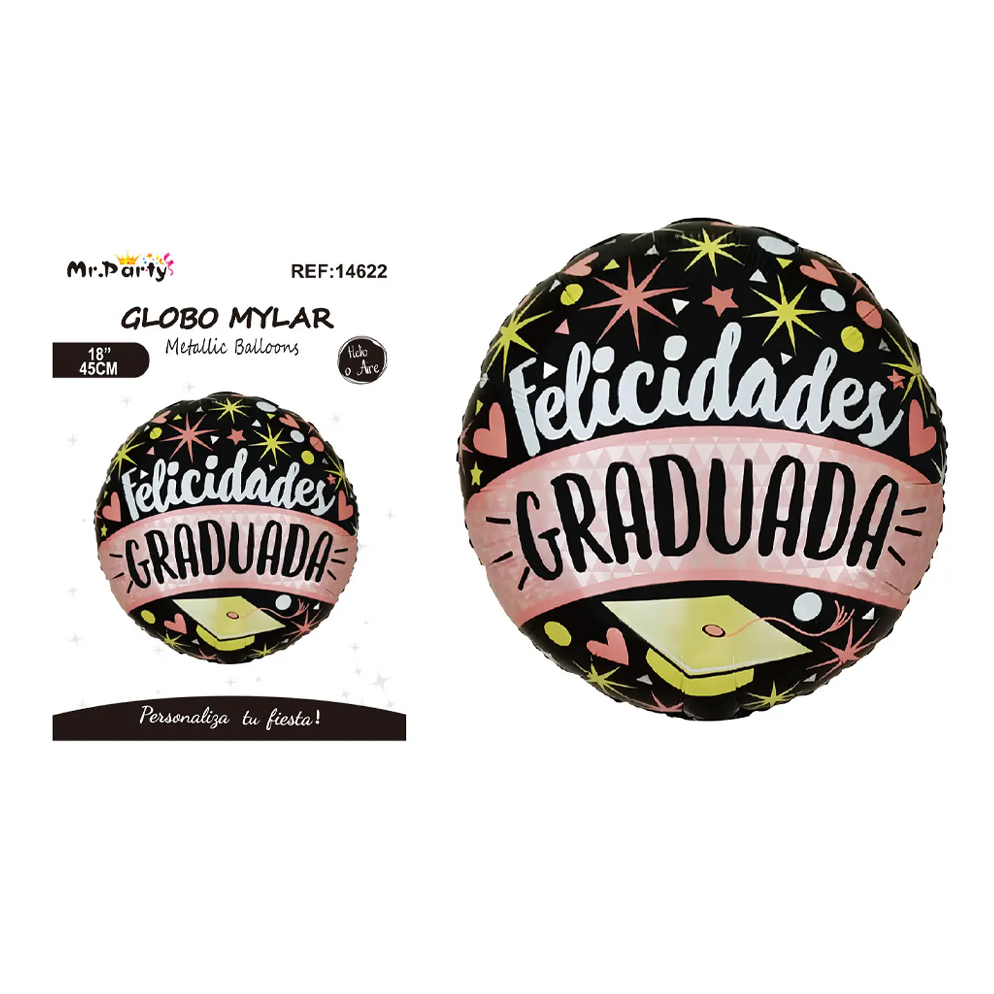 Globo metálico redondo negro y rosado Felicidades Graduada 45cm 1