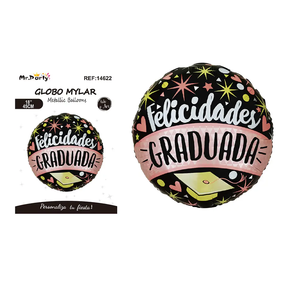Globo metálico redondo negro y rosado Felicidades Graduada 45cm 1