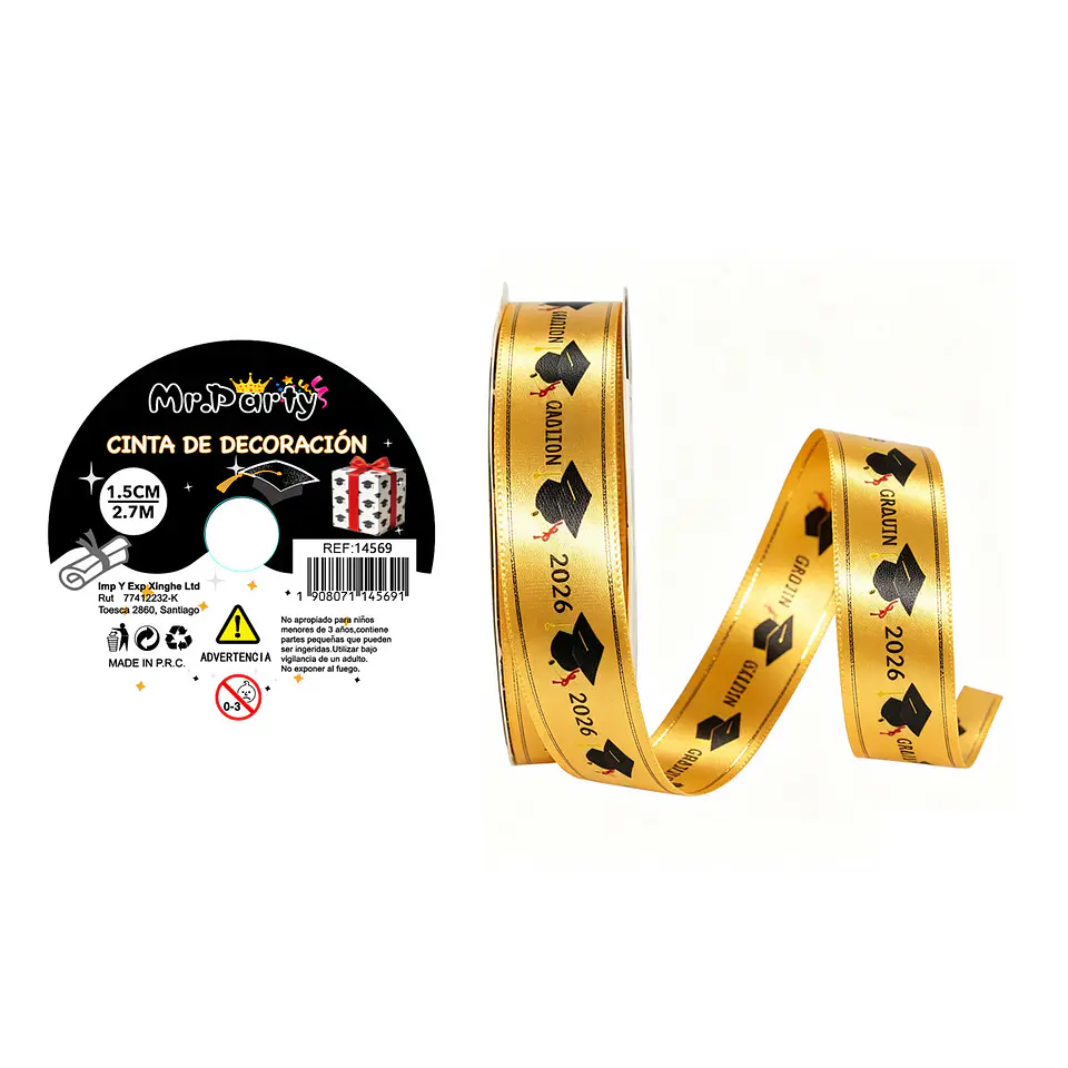 Cinta decorativa graduación dorada birretes 1.5cm* 2.7m 1