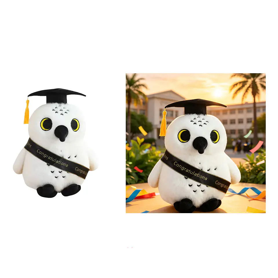 Peluche lechuza blanca graduada con birrete y banda 20cm 1