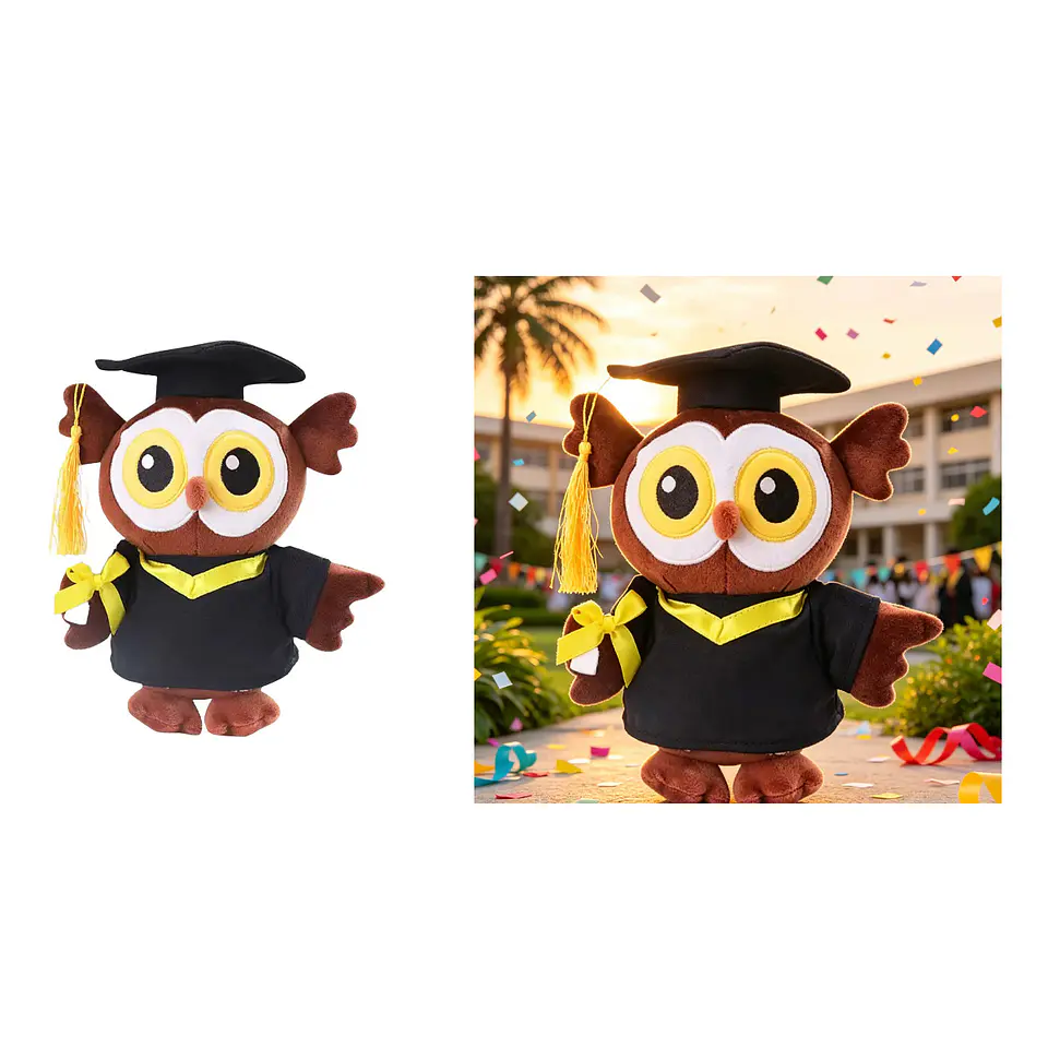 Peluche búho café graduado con birrete y toga 20cm 1