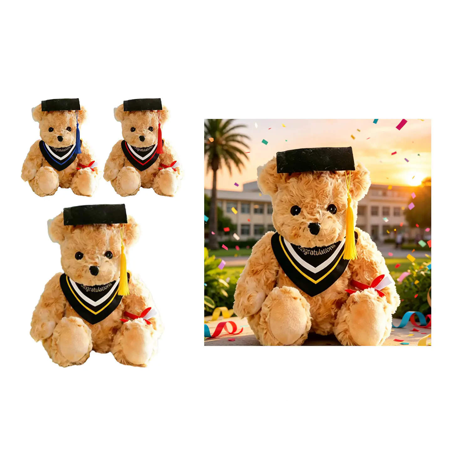 Oso de peluche graduado sentado con toga negra y amarilla 21cm Color Aleatorio 1