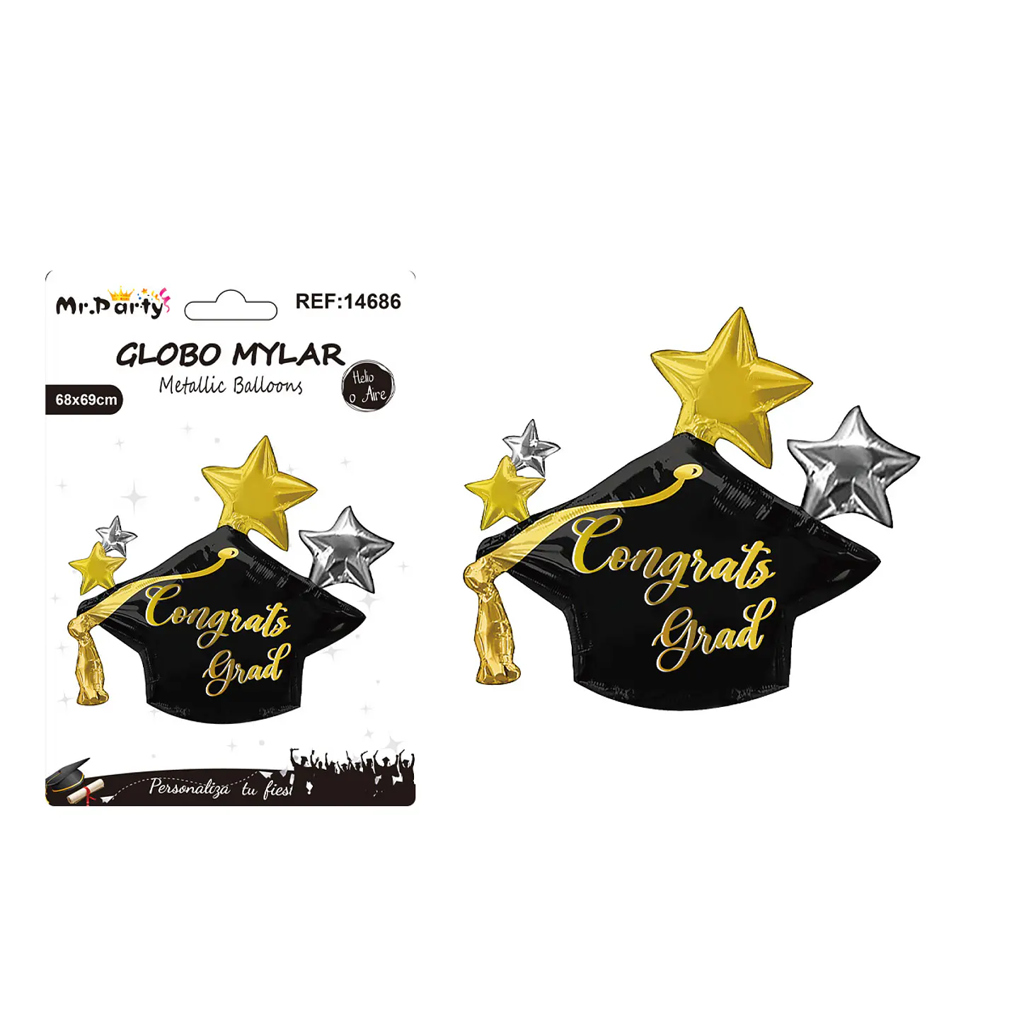 Globo metálico Congrats Grad birrete con estrellas negro y dorado 68*69cm 1