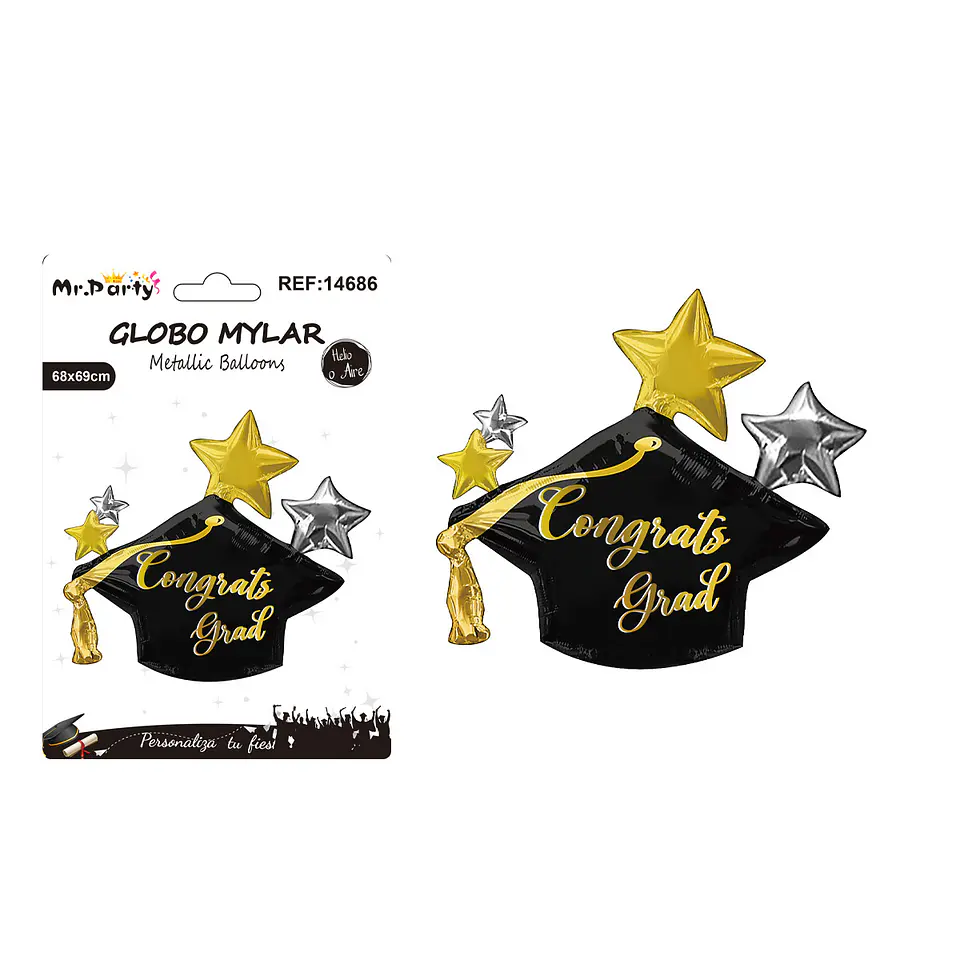 Globo metálico Congrats Grad birrete con estrellas negro y dorado 68*69cm 1