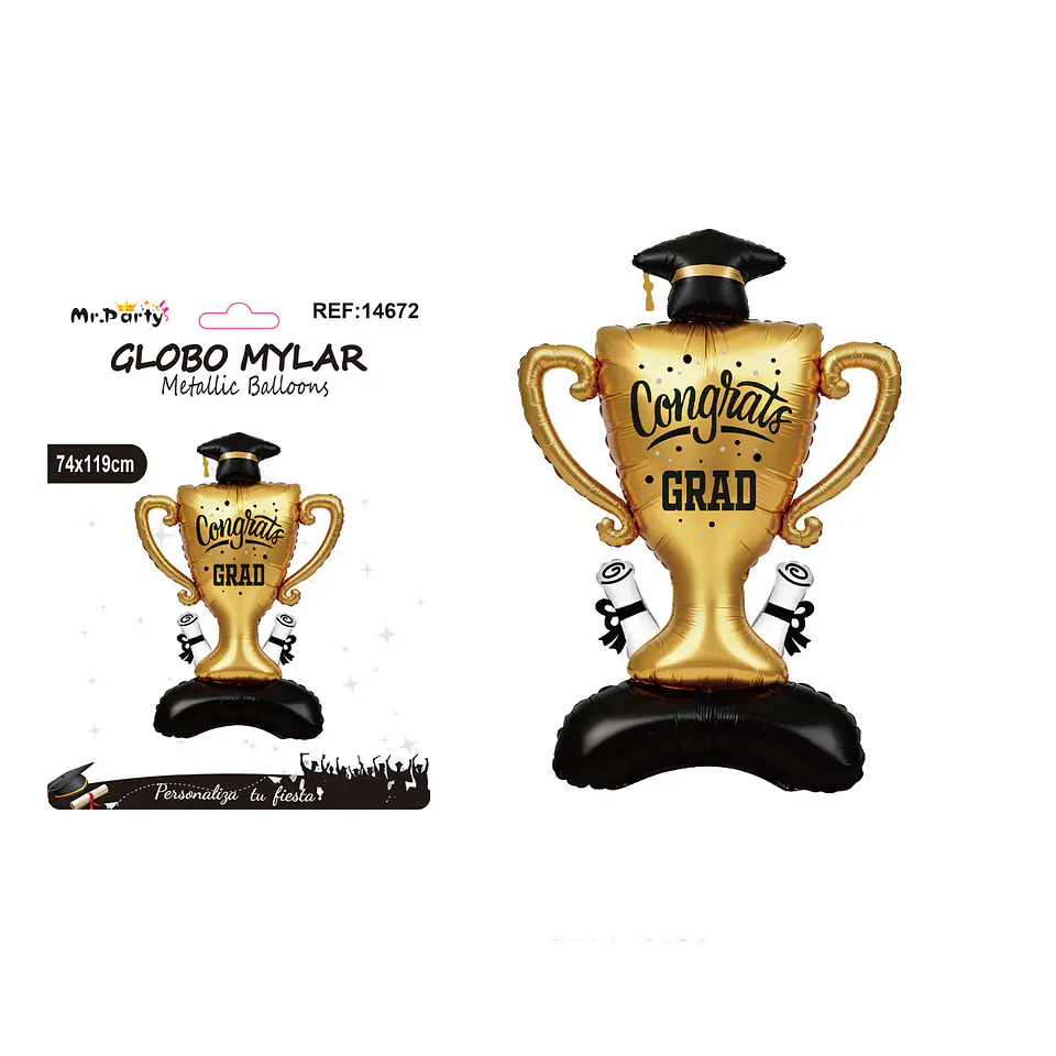 Globo metálico copa trofeo Congrats Grad con diplomas y base 74*119cm 1