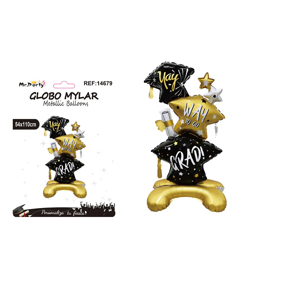 Globo metálico columna graduación Yay Grad con estrellas y birrete 54*110cm 1