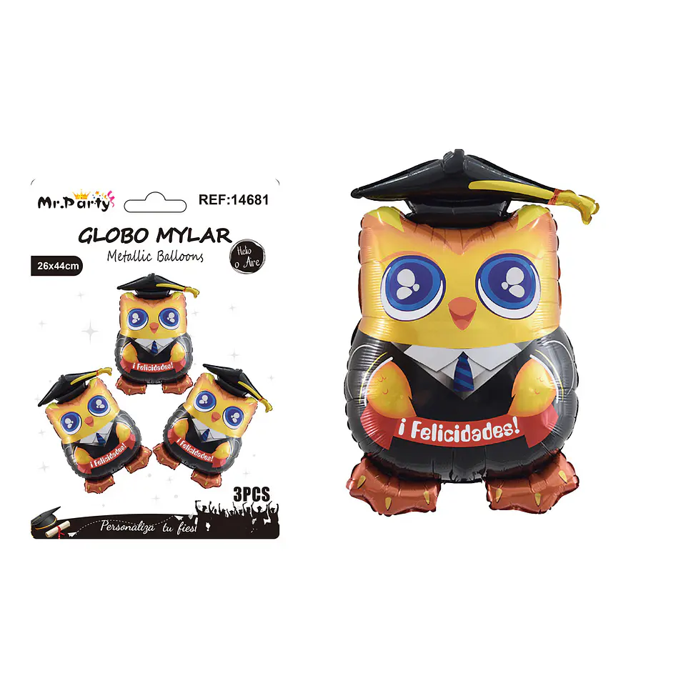 Set de globos metálicos búho graduado con corbata ¡Felicidades! 26*44cm 3pcs 1